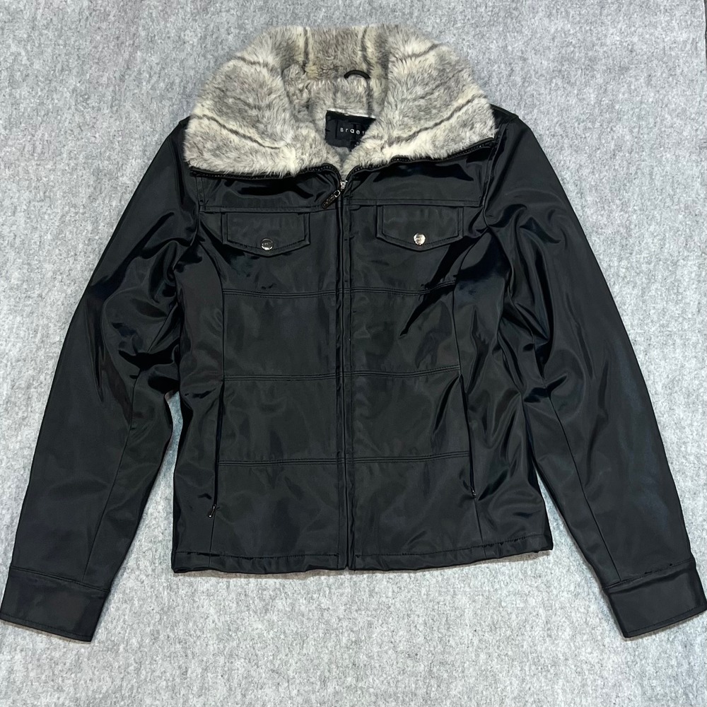 Braetan Black Faux Fur Collar Zip Up Jacket‎ Womens Small Quilted Lining